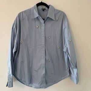 Express Portofino Boyfriend Shirt - light blue with crystal embellishments